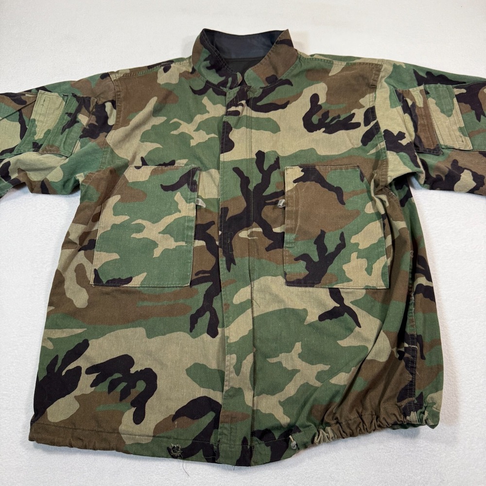 Vtg Military‎ Chemical Men Large Protective Jacket Woodland Camo